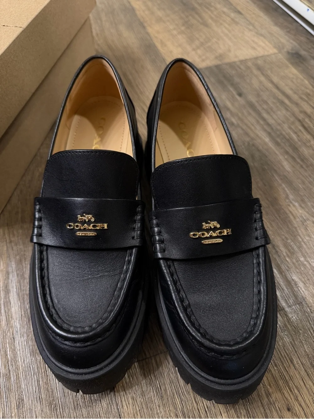 Coach Woman Black Leather Chunky Loafers - Picture 2 of 8